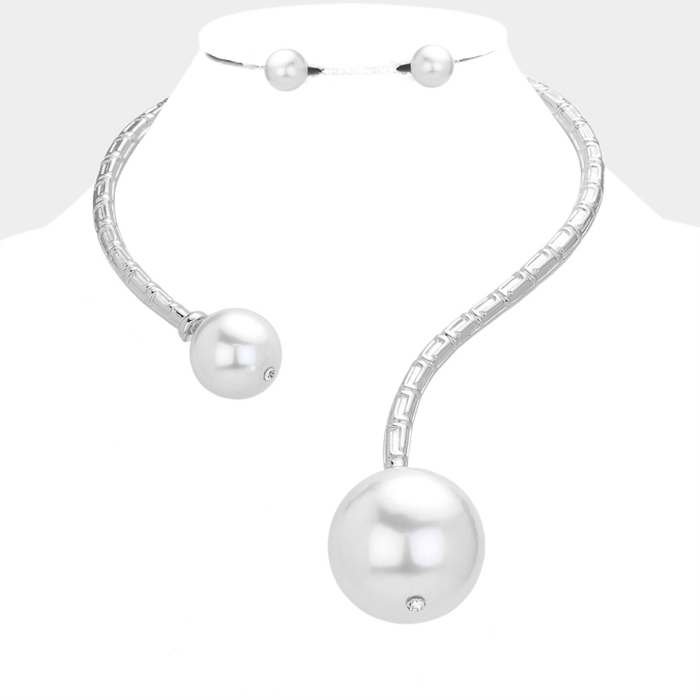 Silver White Pearl Chunky Choker Necklace Set Big Large Pendant Jewelry Collar